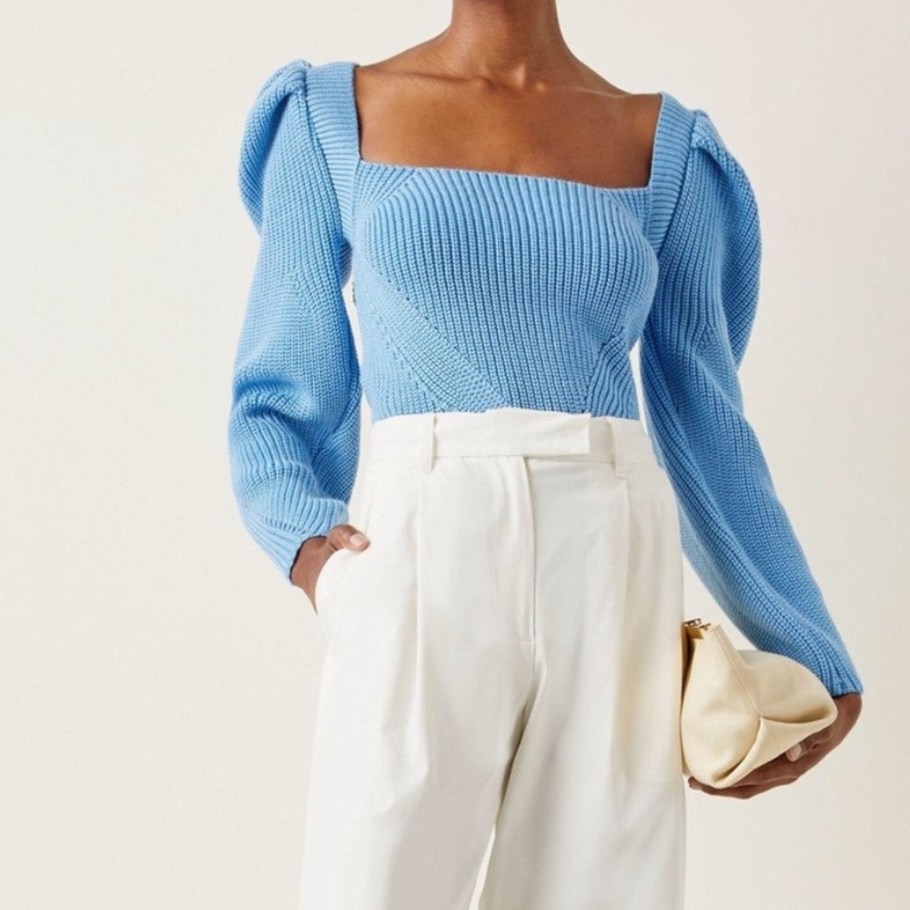 Anna October Rachel Tie-Accented Wool-Knit Sweater blue size large